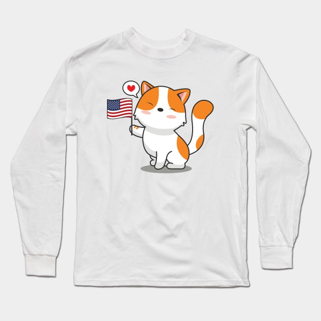 Cute Cat Holding American Flag Long Sleeve T-Shirt by Luna Illustration